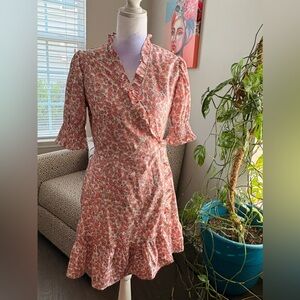 Coral Floral Ruffle Wrap Mini Dress